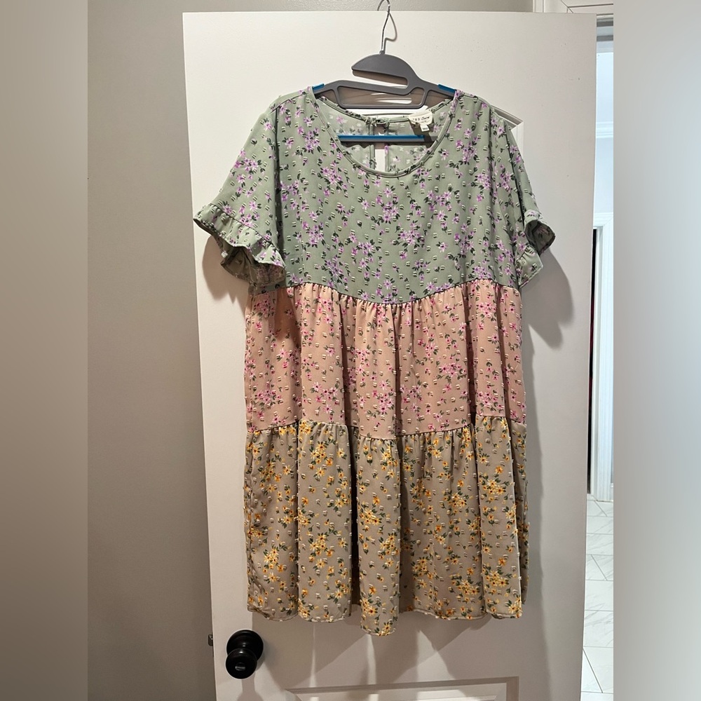 Floral Dress in Green, Yellow and Pink hues with dainty eyelet flowers. Cute